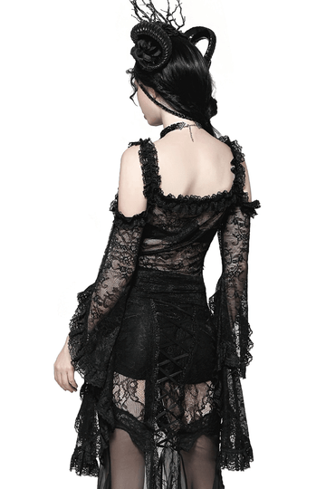 Black Sheer Lace Top with Flowing Dramatic Bell Sleeves